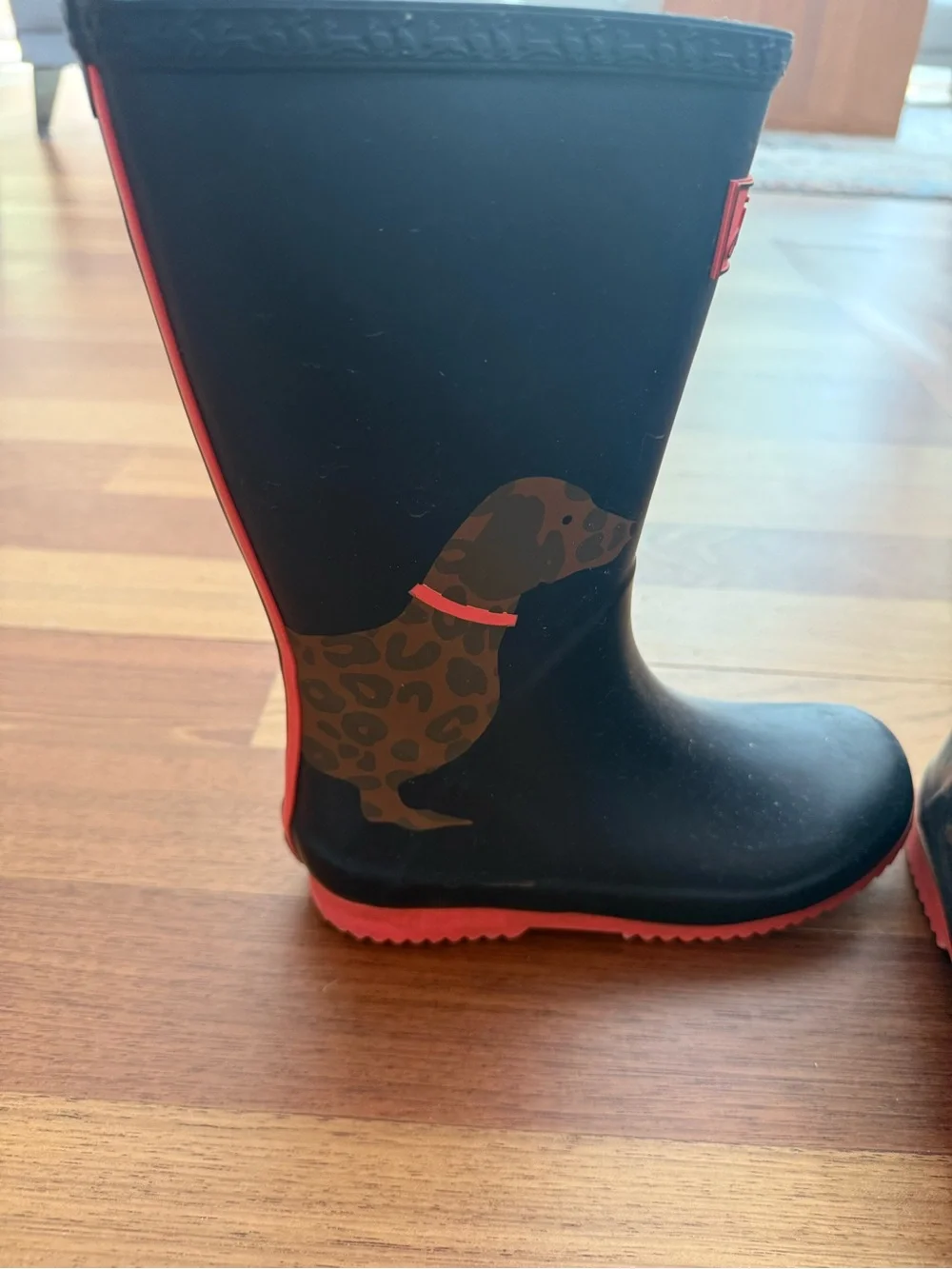 Joules Navy Kids Roll-Up Rain Boots with Pink Trim and Dachshund Motif